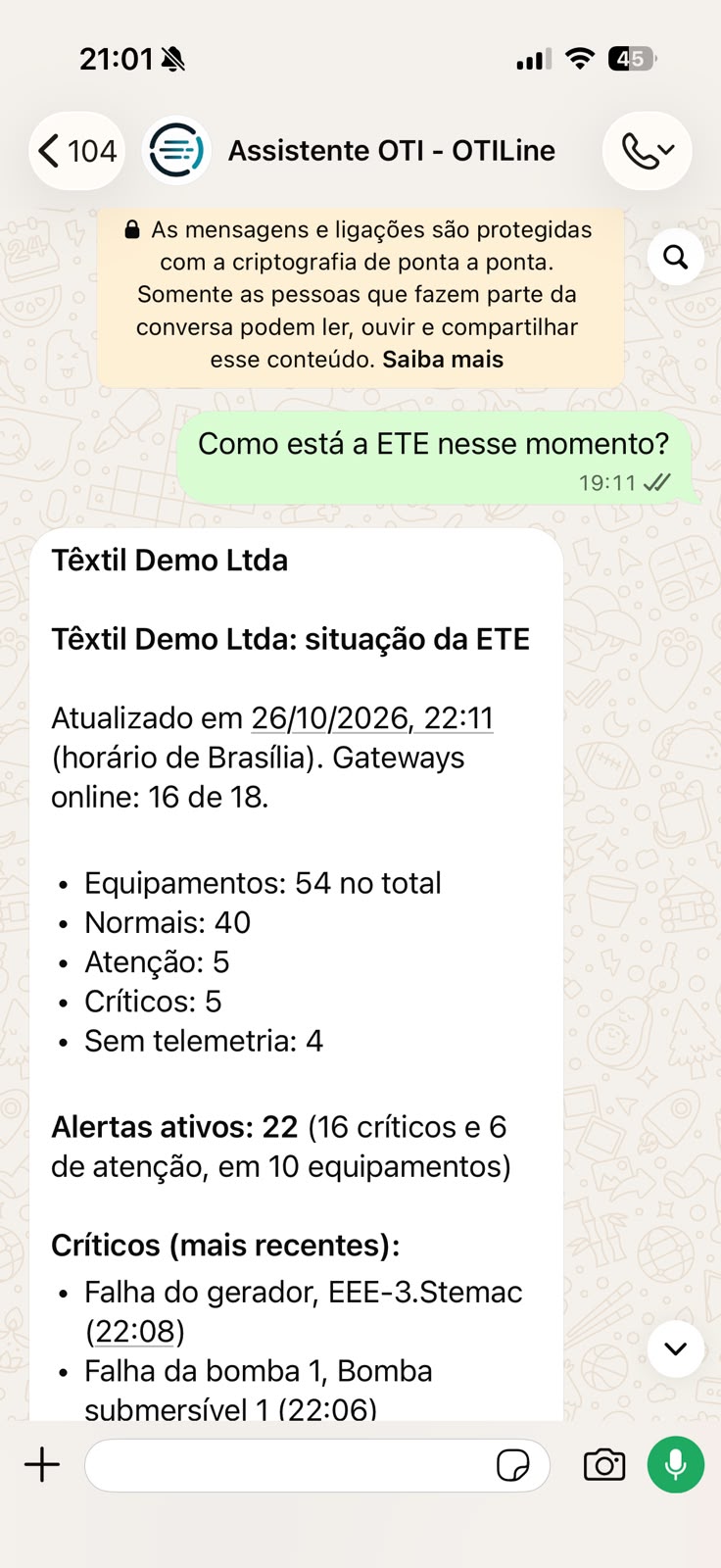 Assistente OTI no celular: consulta em linguagem natural sobre o estado da planta